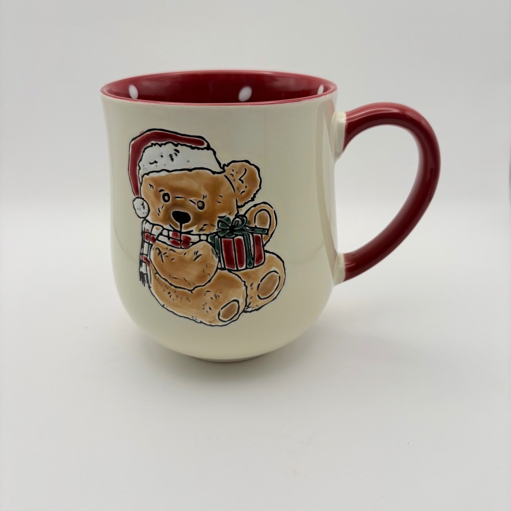 Global Design Connections 16oz Coffee Mug Cream Red Christmas Teddy Bear
